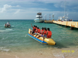 photo of our team members taking a group float ride in galveston