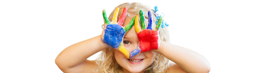 photo of a girl, smiling, hiding her face with hands painted all different colors